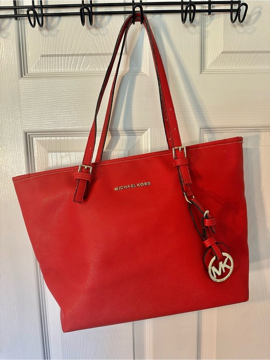 Michael Kors Handbags - Michael Kors Red Saffiano Leather Tote with MK Charm 11tallx15wide